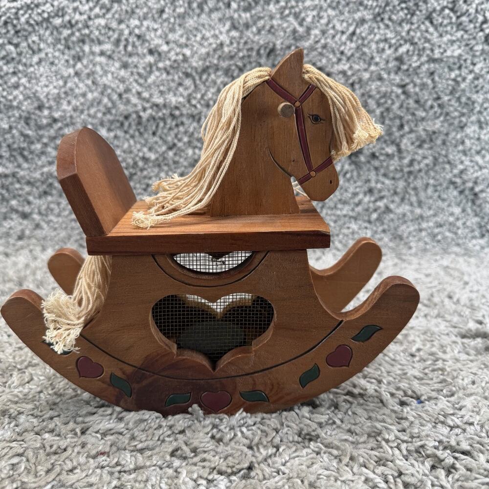 Vintage Wooden Tabletop Rocking Horse Charming Heart Shaped Cutouts Wire Mesh
